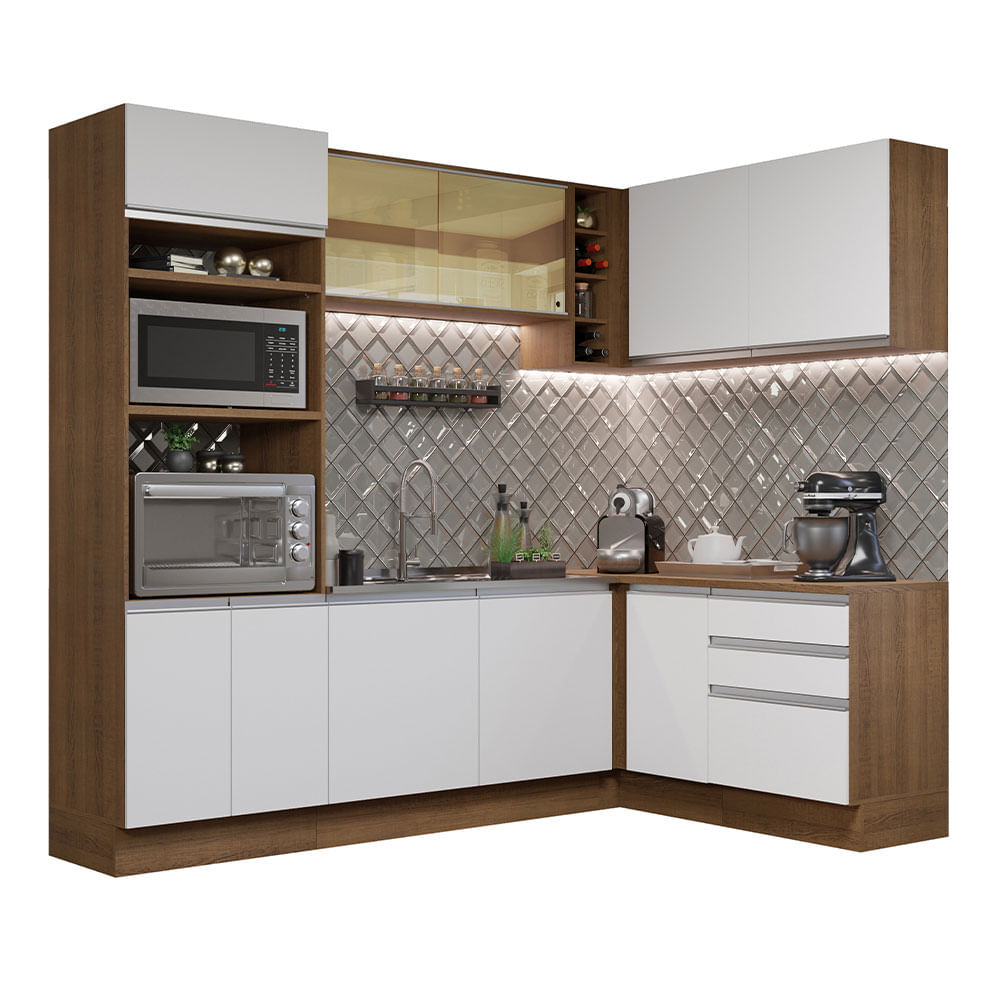 Cocina Integral Esquinera 399cm Marrón/Blanco Glamy 02