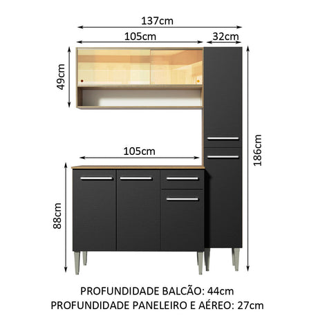 Cocina Compacta 137cm Marrón/Negro Emilly Art Madesa 04