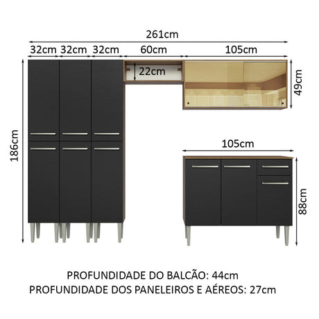 Cocina Integral 261cm Marrón/Negro Emilly Madesa 05