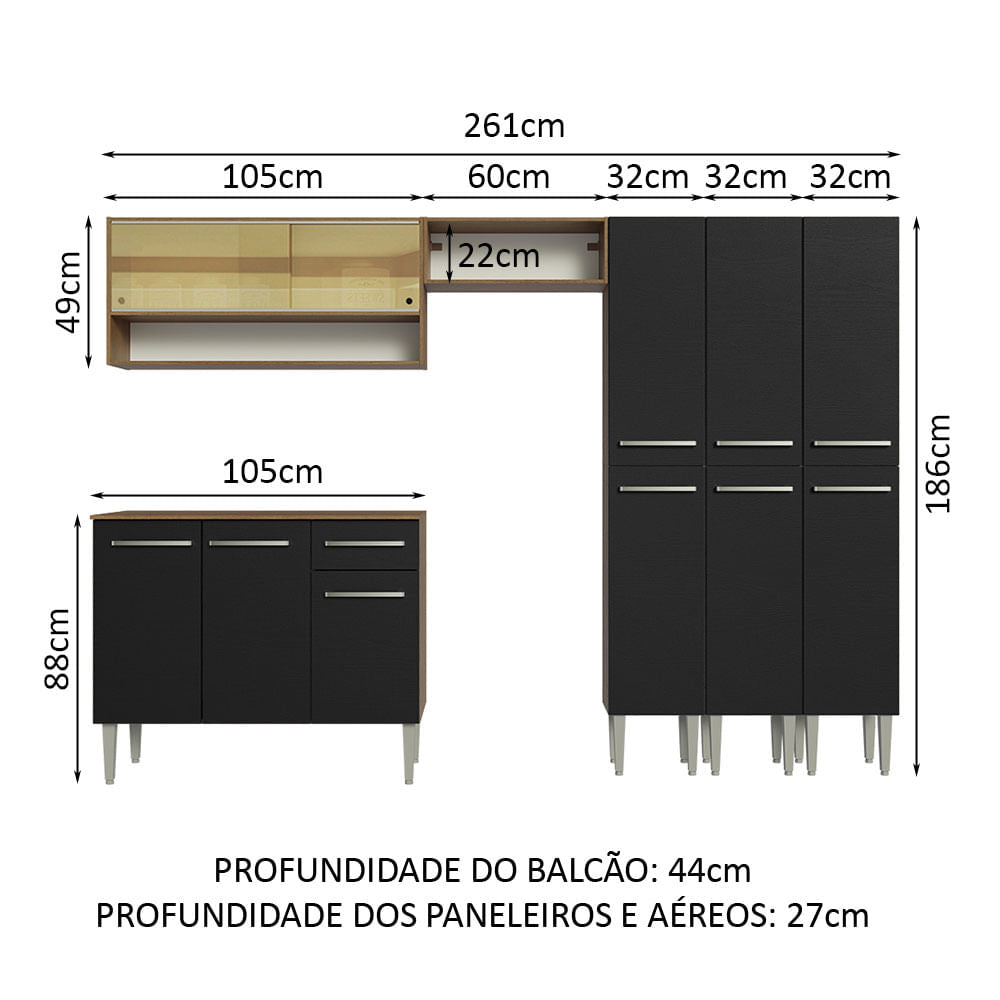 Cocina Integral 261cm Marrón/Negro Emilly Madesa 08