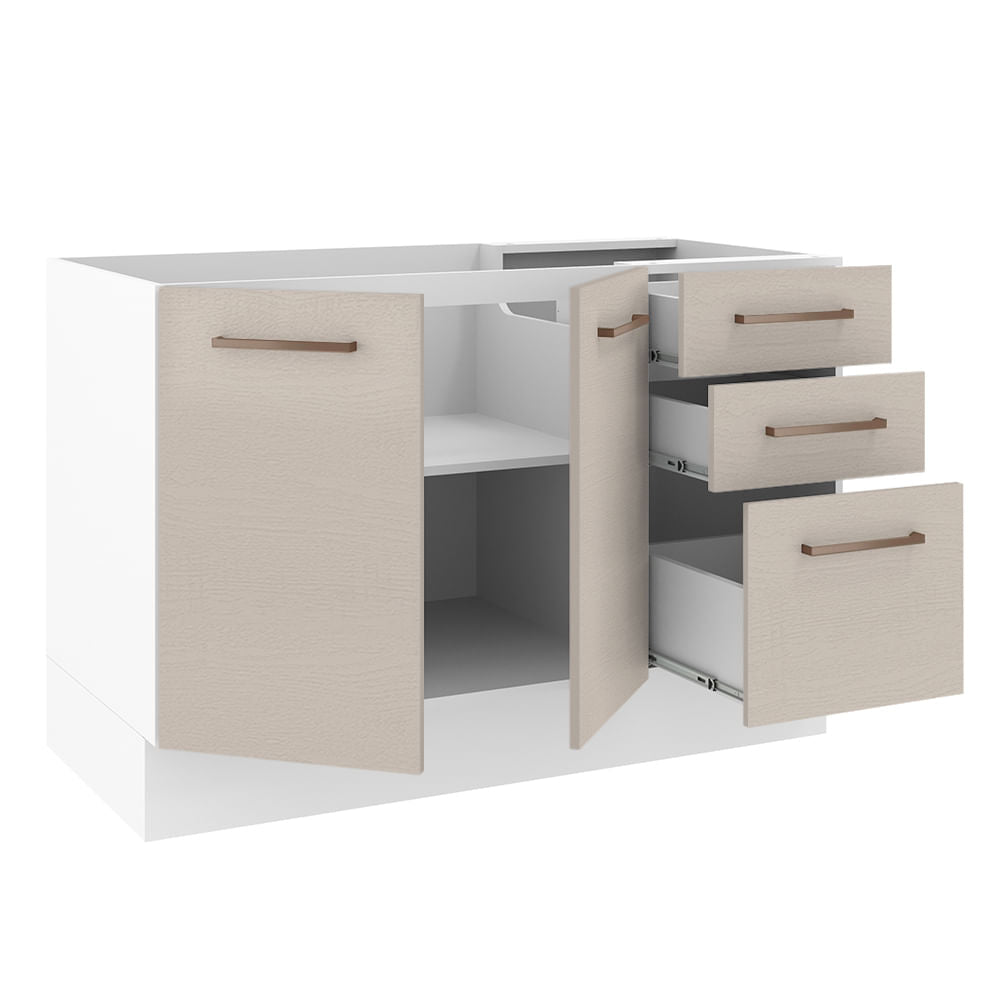 Gabinete Bajo 120 cm 2 Puertas 3 Cajones Sin Encimera Blanco/Crema Agata Madesa