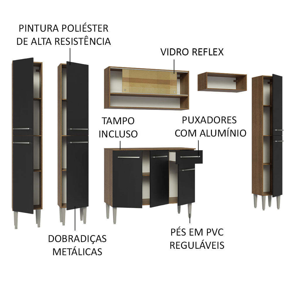 Cocina Integral 261cm Marrón/Negro Emilly Madesa 04