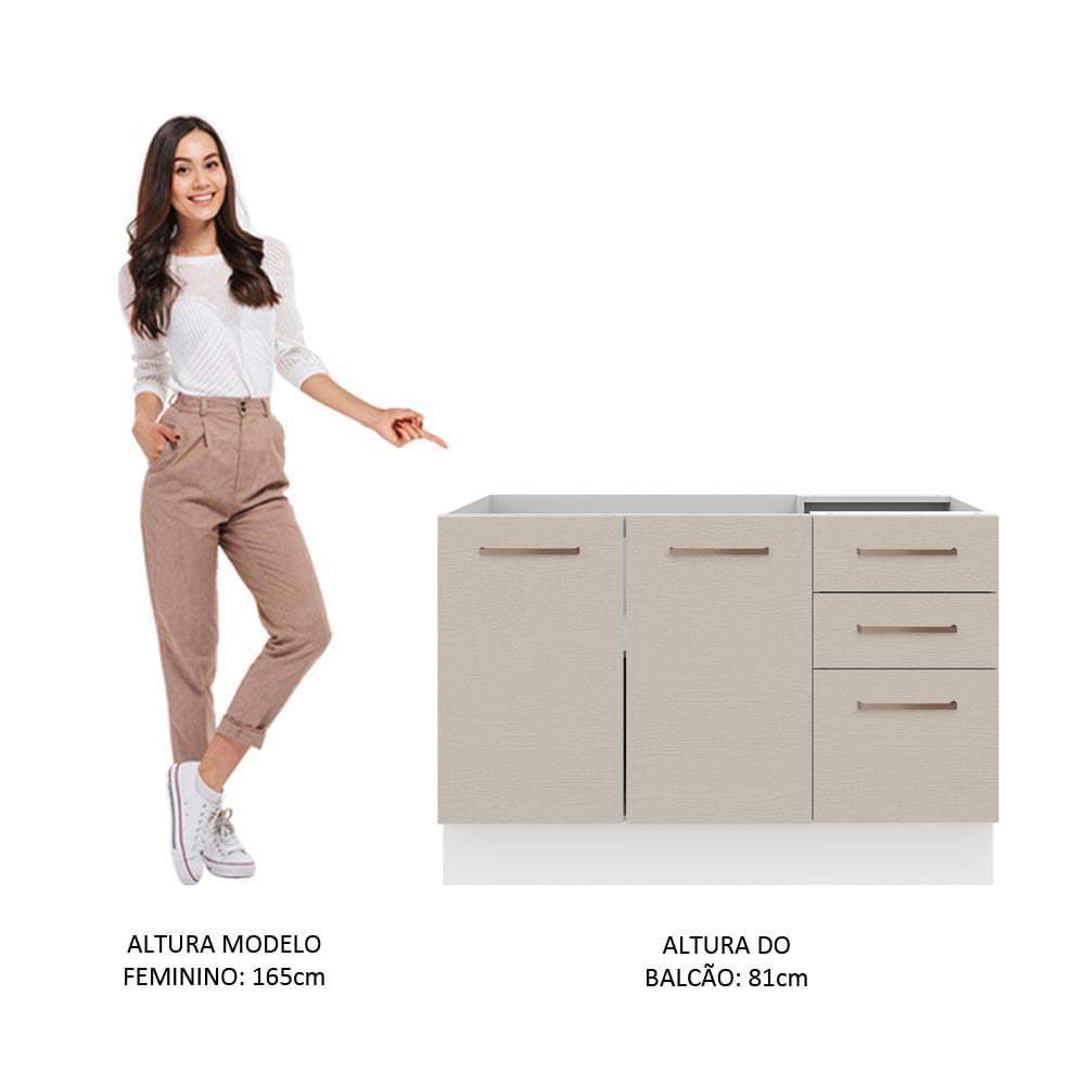 Gabinete Bajo 120 cm 2 Puertas 3 Cajones Sin Encimera Blanco/Crema Agata Madesa
