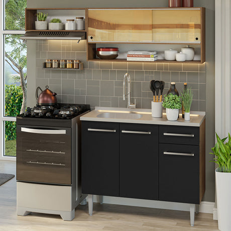 Cocina Compacta 165cm Con Mesón De Acero Marrón/Negro Emilly Madesa 01