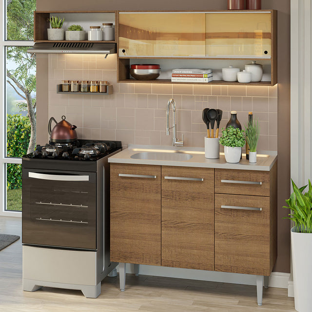 Cocina Compacta 165cm Con Mesón De Acero Marrón Emilly Madesa 01