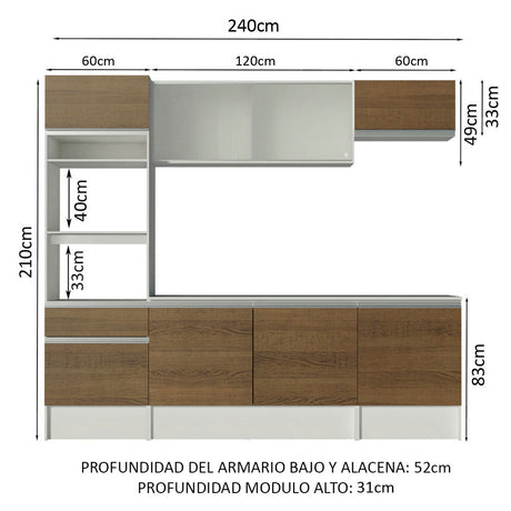 Mueble de Cocina Integral 240cm Blanco/Marrón Topazio Madesa