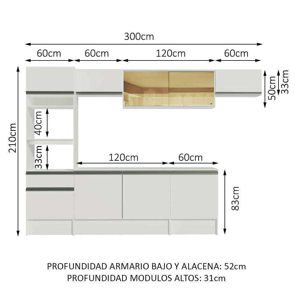 Cocina Integral 300cm Blanco Diamante Madesa 02