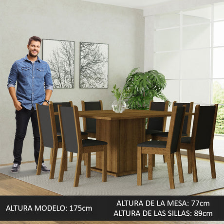 Juego de Comedor Mesa Tablero de Madera 8 Sillas Marrón/Negro Marisa Madesa