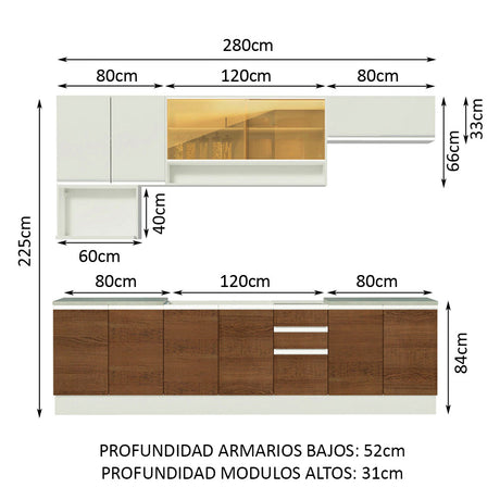 Cocina Integral 280cm Blanco/Marrón/Blanco Glamy Madesa 04