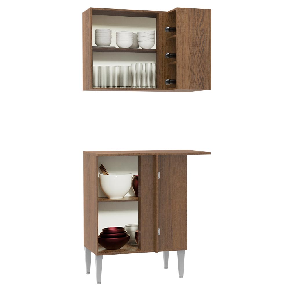 Set Armario 2 Puertas Esquinero Madesa Emilly con Armario, Vinoteca y Mostrador - Marrón