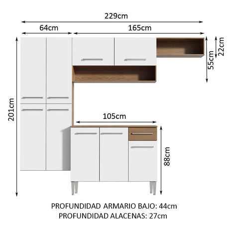 Cocina Integral 229cm Marrón/Blanco Emilly Fit Madesa 03