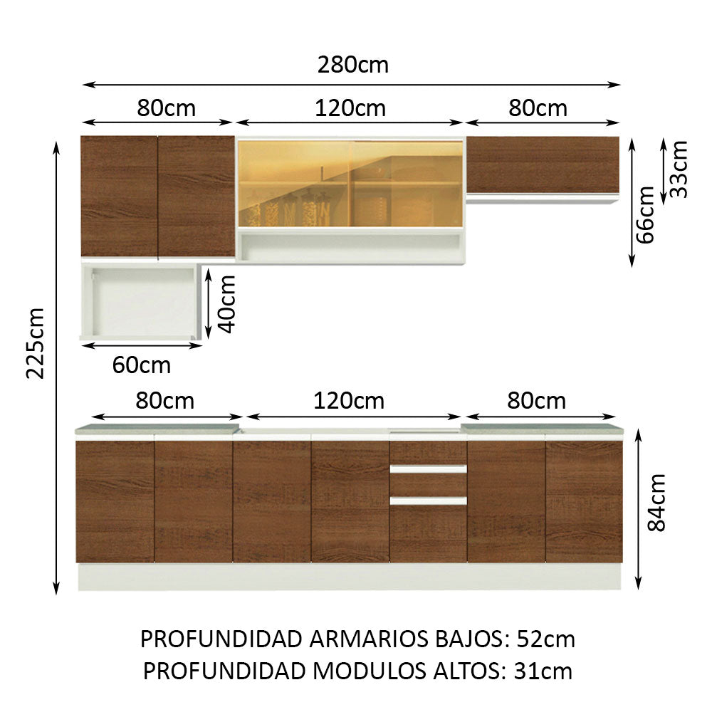 Cocina Integral 280cm Blanco/Marrón Glamy Madesa 04