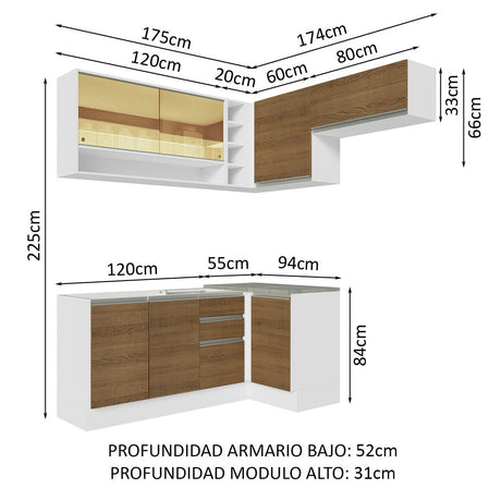 Cocina Integral Esquinera 349cm Blanco/Marrón Glamy Madesa 06