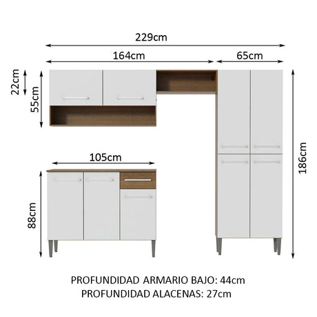 Cocina Integral 229cm Sin Mesón De Acero Marrón/Blanco Emilly Pop Madesa 02