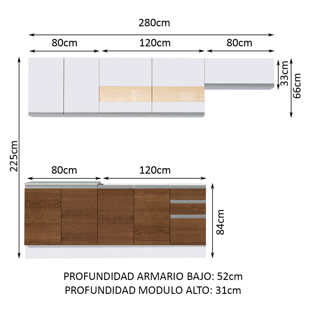 Cocina Integral 280cm Blanco/Marrón/Blanco Glamy Madesa 03