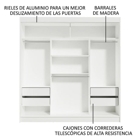 Ropero Doble Madesa Reno 3 Puertas Corredizas 2 con Espejos - Blanco