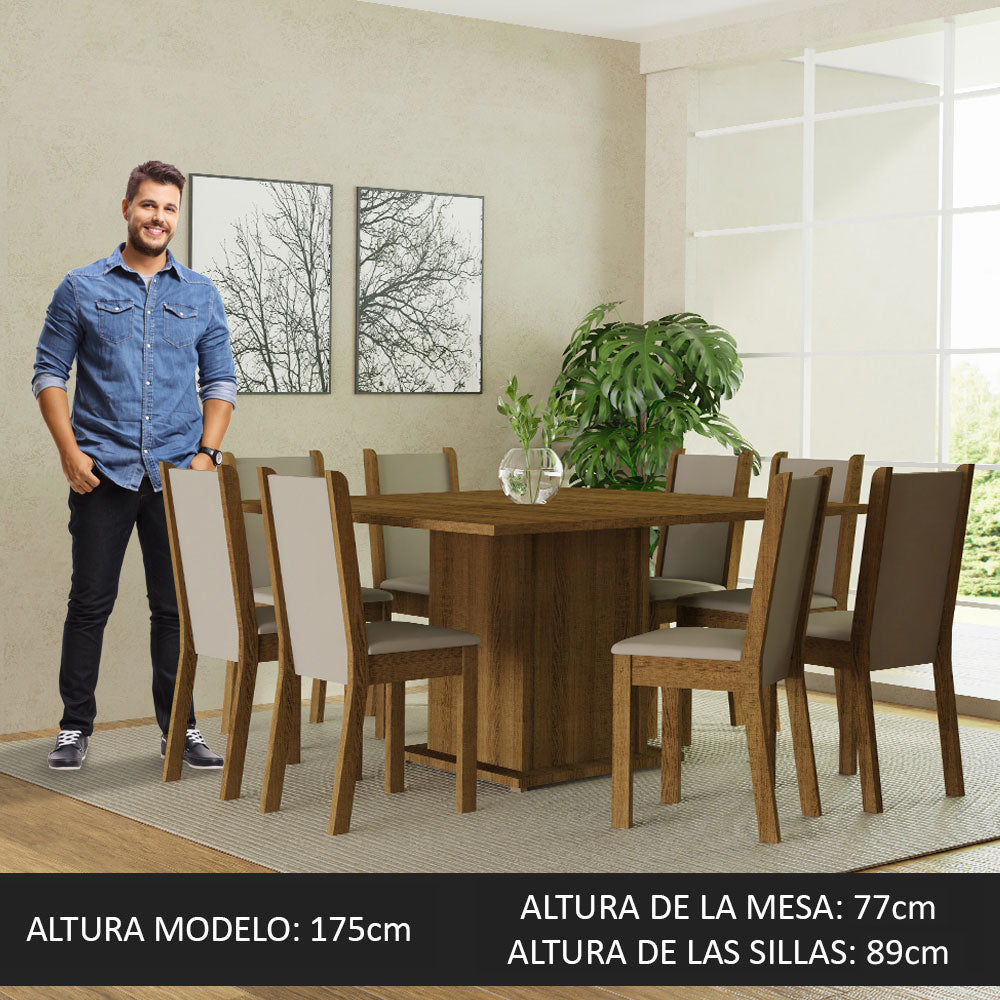 Juego de Comedor Mesa Tablero de Madera 8 Sillas Marrón/Crema/Beige Marisa Madesa