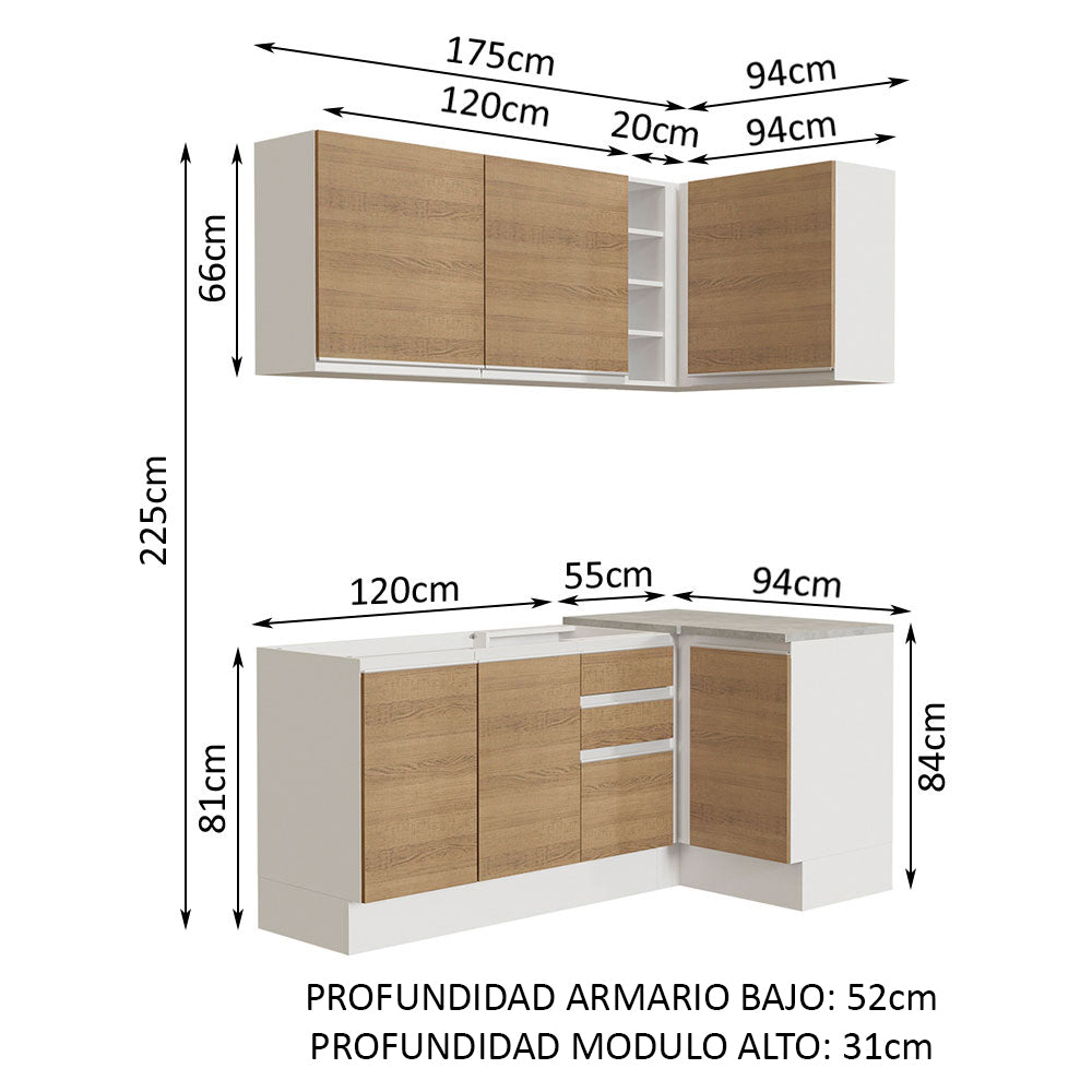 Cocina Integral Esquinera 269cm Blanco/Marrón Glamy Madesa 01