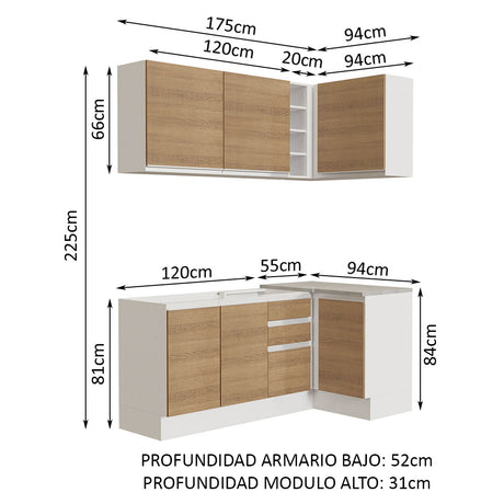 Cocina Integral Esquinera 269cm Blanco/Marrón Glamy Madesa 01