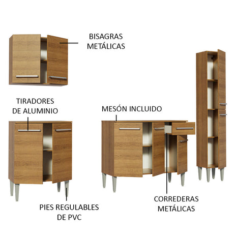 Cocina Compacta 201cm Con Mesón De Acero Marrón Emilly Madesa 01