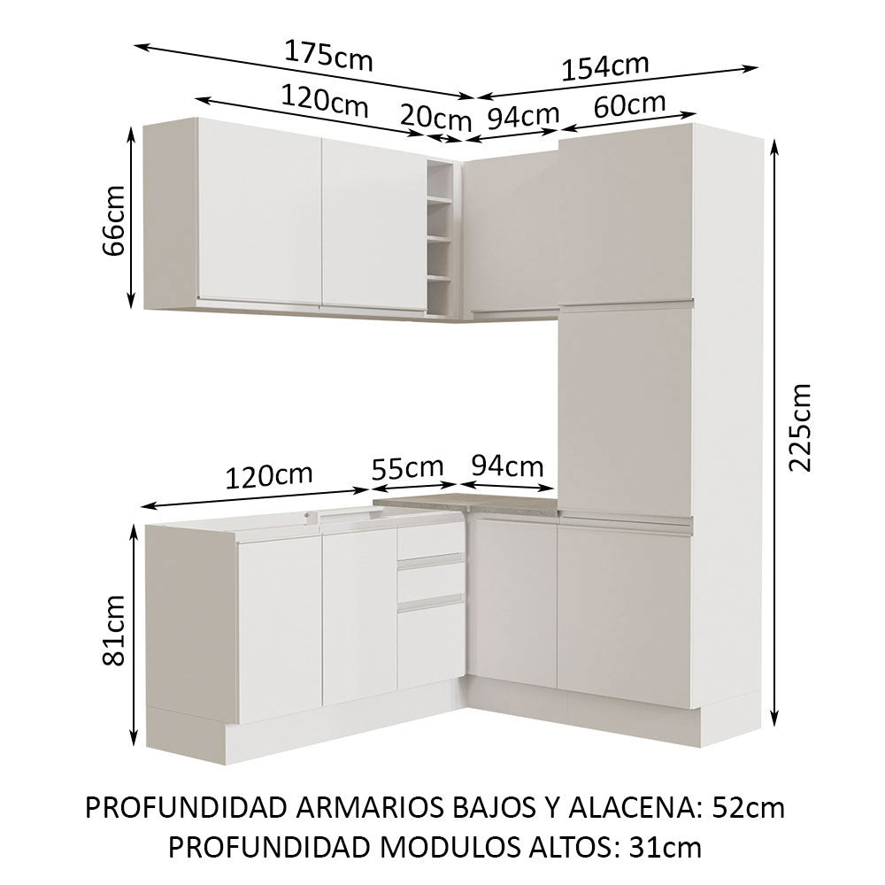 Cocina Integral Esquinera 329cm Blanco Glamy Madesa 01