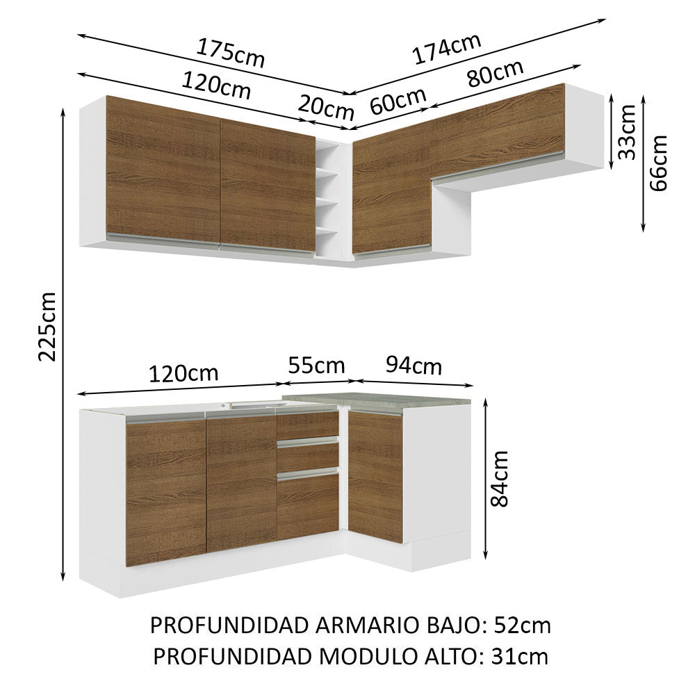 Cocina Integral Esquinera 349cm Blanco/Marrón Glamy Madesa 07