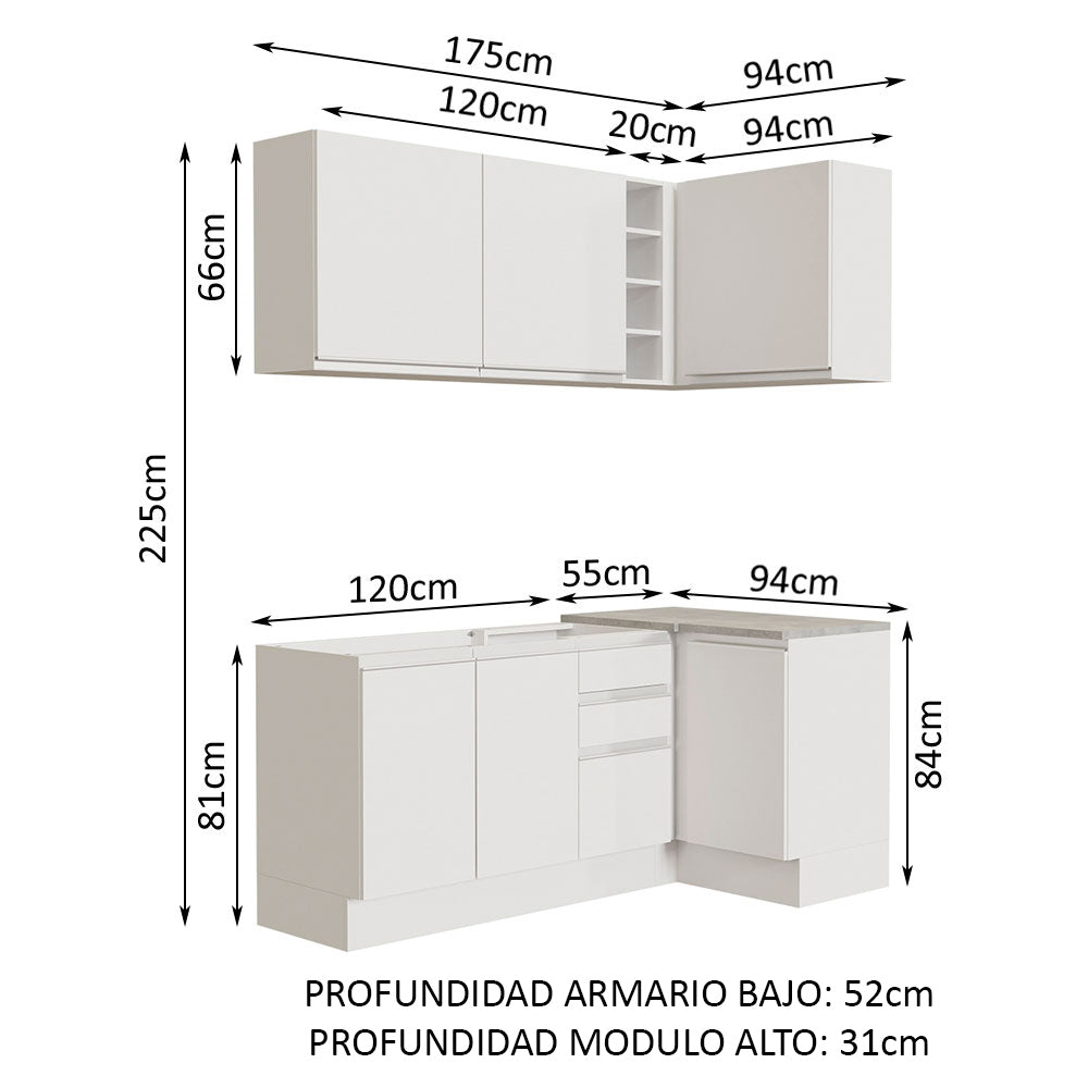 Cocina Integral Esquinera 269cm Blanco Glamy Madesa 01