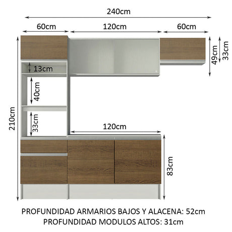 Cocina Integral 240cm Blanco/Marrón Topazio Madesa 01