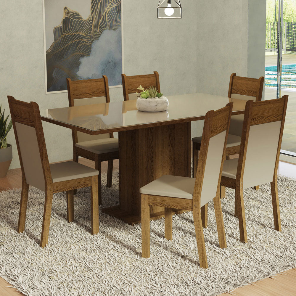 Juego de Comedor Mesa Tablero de Vidrio 6 Sillas Crema/Marrón/Beige Francine Madesa