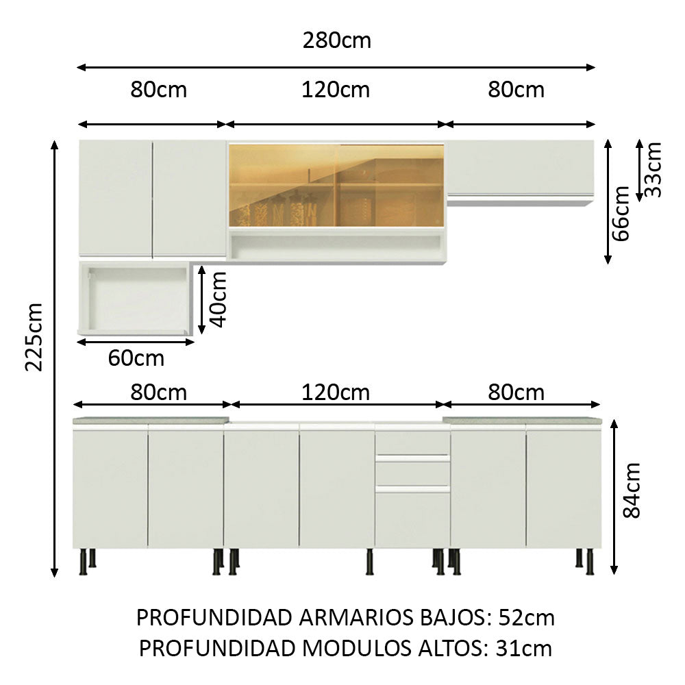 Cocina Integral 280cm Blanco Glamy Madesa 04SR