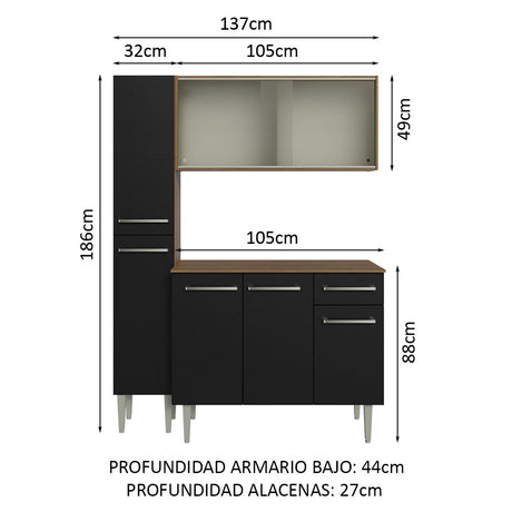 Cocina Compacta 137cm Sin Mesón De Acero Marrón/Negro Emilly Madesa 05