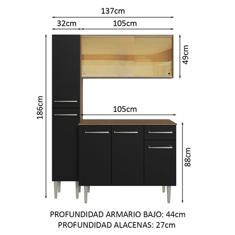 Cocina Compacta 137cm Sin Mesón De Acero Marrón/Negro Emilly Madesa 06