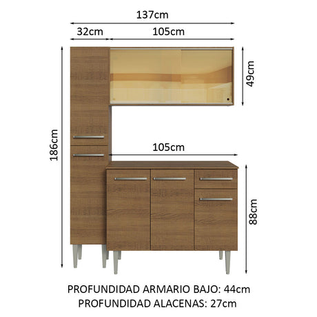 Cocina Compacta 137cm Sin Mesón De Acero Marrón Emilly Madesa 06