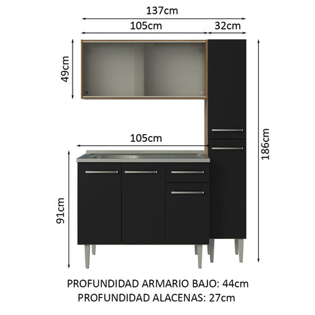 Cocina Compacta 137cm Con Mesón De Acero Marrón/Negro Emilly Madesa 07