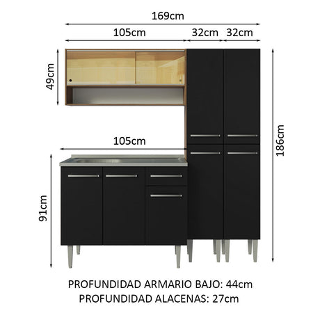 Cocina Compacta 169cm Con Mesón De Acero Marrón/Negro Emilly Madesa 14