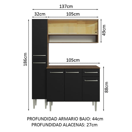 Cocina Compacta 137cm Sin Mesón De Acero Marrón/Negro Emilly Madesa 09