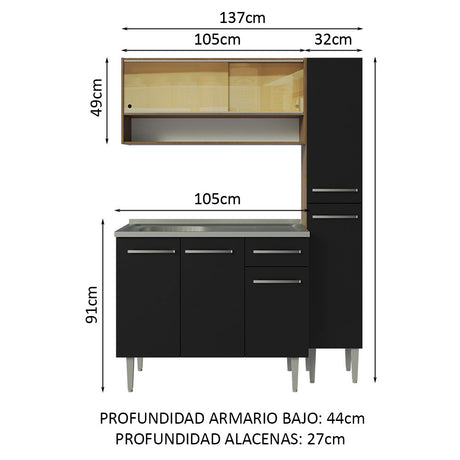 Cocina Compacta 137cm Con Mesón De Acero Marrón/Negro Emilly Madesa 10