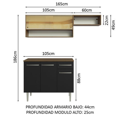 Cocina Compacta 165cm Sin Mesón De Acero Marrón/Negro Emilly Madesa 02