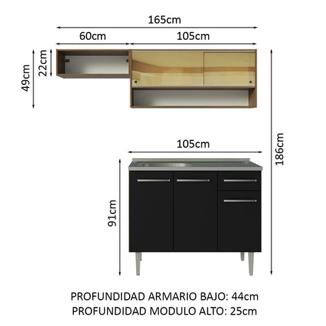 Cocina Compacta 165cm Con Mesón De Acero Marrón/Negro Emilly Madesa 01