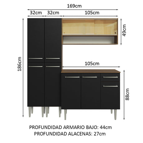 Cocina Compacta 169cm Sin Mesón De Acero Marrón/Negro Emilly Madesa 13