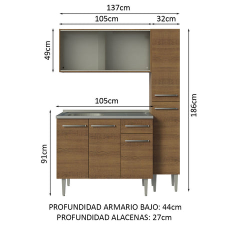 Cocina Compacta 137cm Con Mesón De Acero Marrón Emilly Madesa 07