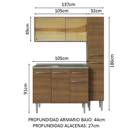 Cocina Compacta 137cm Con Mesón De Acero Marrón Emilly Madesa 08