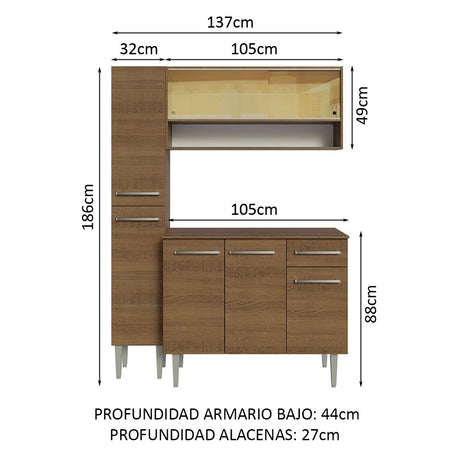 Cocina Compacta 137cm Sin Mesón De Acero Marrón Emilly Madesa 09