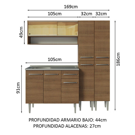 Cocina Compacta 169cm Con Mesón De Acero Marrón Emilly Madesa 14