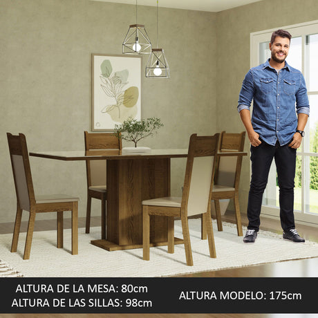 Juego de Comedor Mesa con Tablero de Vidrio 4 Sillas Crema/Marrón/Beige Greta Madesa