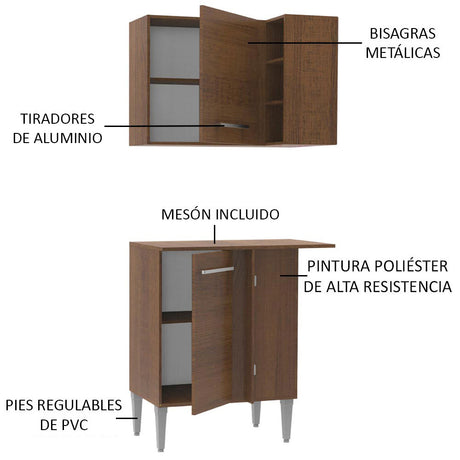 Set Armario 2 Puertas Esquinero Madesa Emilly con Armario, Vinoteca y Mostrador - Marrón