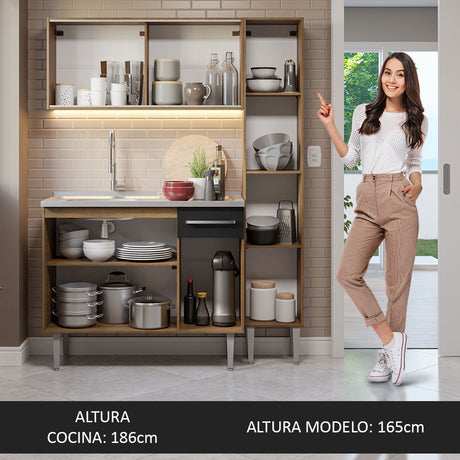 Cocina Compacta 137cm Con Mesón De Acero Marrón/Negro Emilly Madesa 07