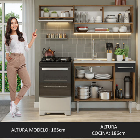 Cocina Compacta 165cm Con Mesón De Acero Marrón/Negro Emilly Madesa 01