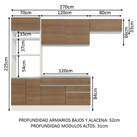 Cocina Integral 270cm Blanco/Marrón Glamy Madesa 14