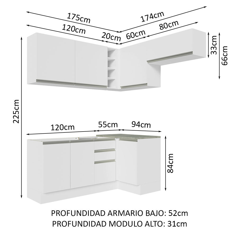 Cocina Integral Esquinera 349cm Blanco Glamy Madesa 07